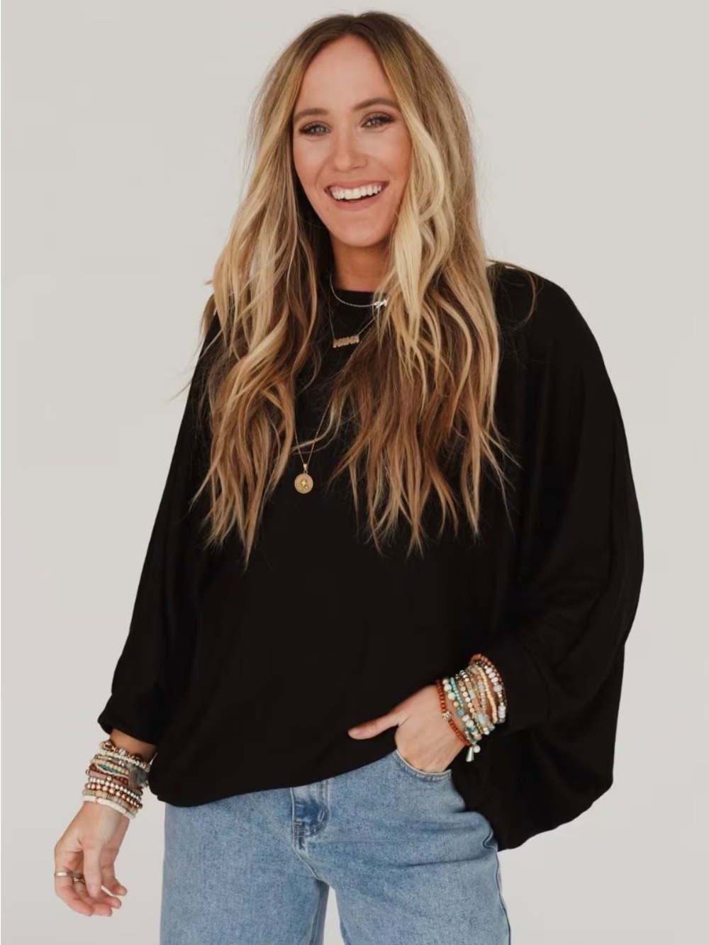 Three Bird Nest Fly With Me Batwing Knit Sweater Black NWT Small Boho - Picture 6 of 12